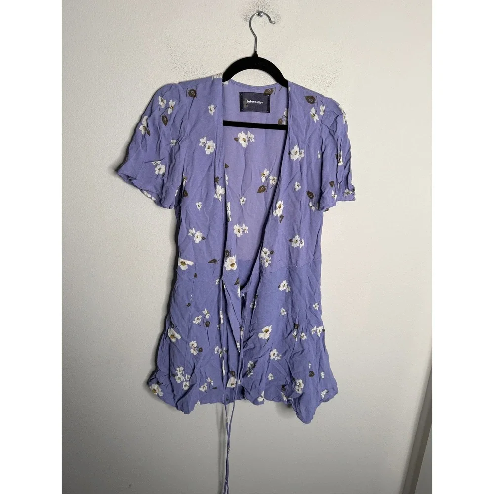 Reformation Adele Purple Floral Wrap Mini Dress Short Sleeve V-Neck Small - Picture 4 of 9